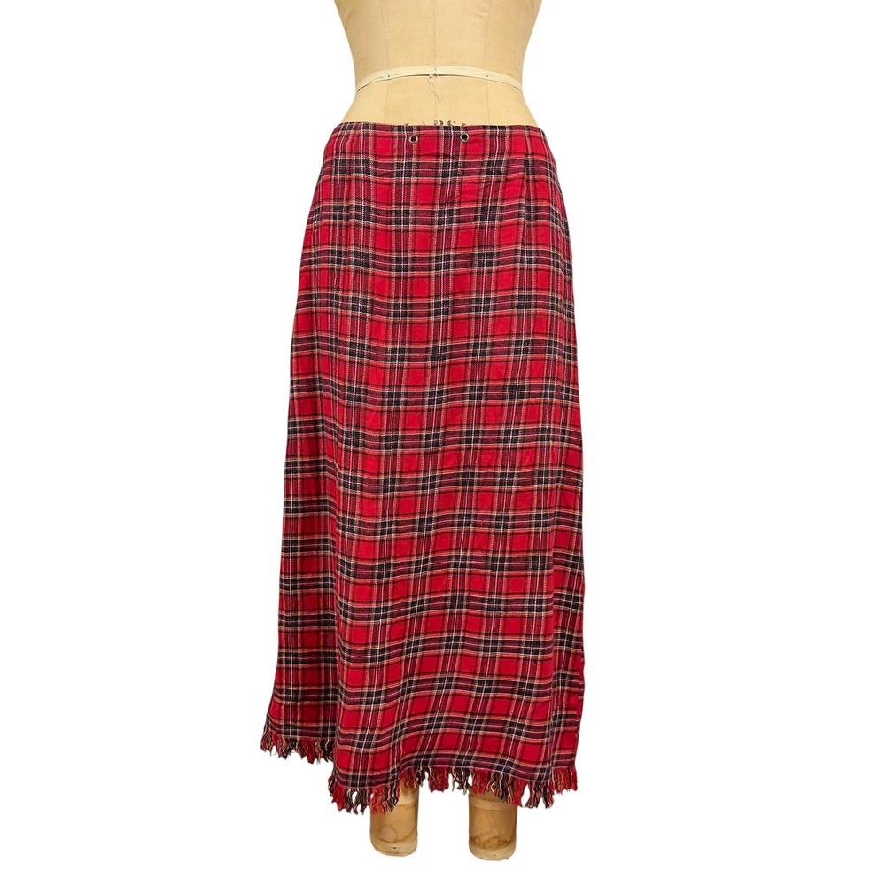 90s Red Plaid Maxi Skirt Long Tartan Fringe Hem Grunge Dark Academia Size M